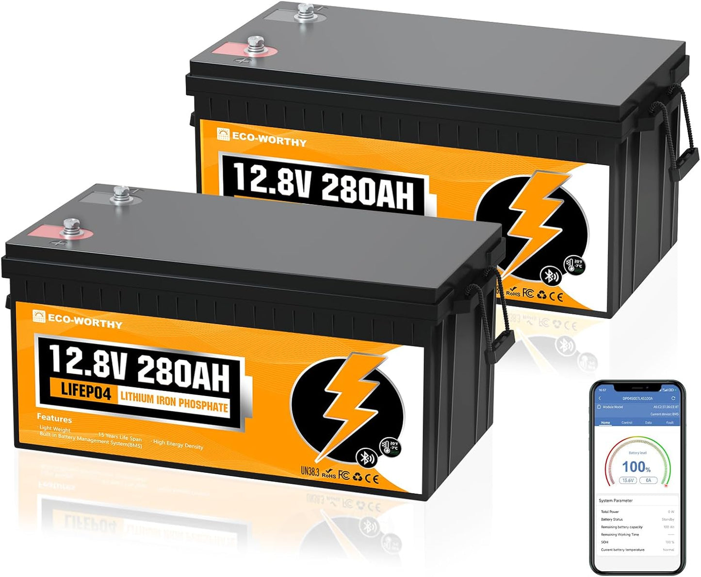 ECO-WORTHY 12V 280Ah 2 Pack LiFePO4 Lithium Battery with Bluetooth, Low Temp Protection, Built-in 200A BMS, 3584Wh Energy. Perfect for Off-Grid, RV, Solar System, Camper, Travel Trailer, Backup System