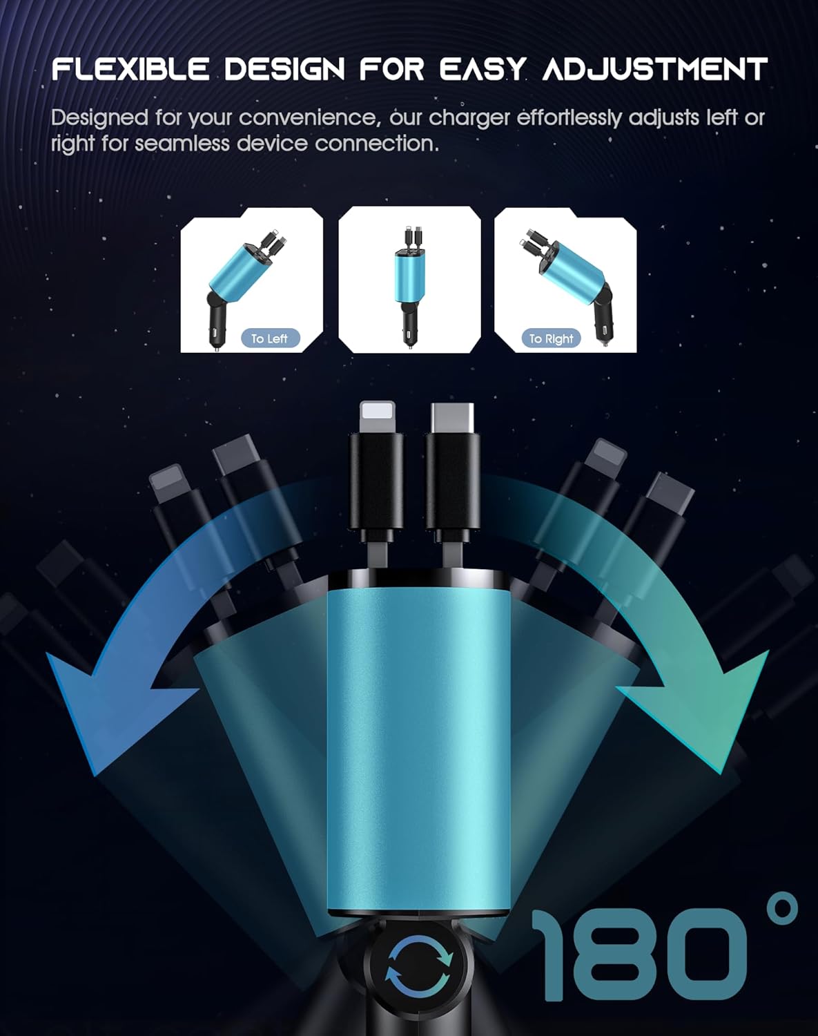 Retractable Car Phone Charger, 4 in 1 Fast Charge Car Phone Charger with 2 Retractable Cables(2.6ft) and 2 USB Ports, Compatible with iPhone15/14/15 Pro Max,Samsung (Light Blue)