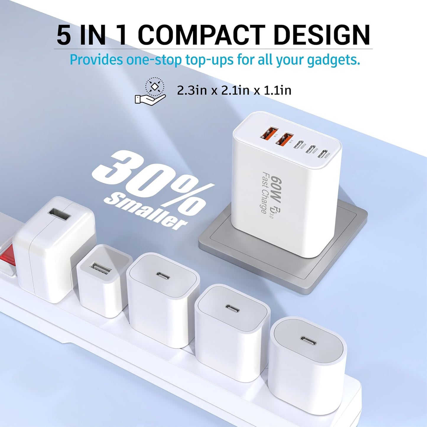 USB C Block 60W, 5 Ports Wall Plug Fast Charging Block, PD+QC Multiport Power Adapter USB C Charger Type C for iPhone 16,15,14,13,12, Pro Max, Galaxy S25, S24, Watch, Tablet, Smartphones -2Pack