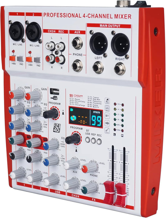 mw-4 white 4Channel Audio Mixer with 99 Sound Effects for PC,Portable Sound Mixing Console with BT USB Recording Input for Live Streaming,Podcasting