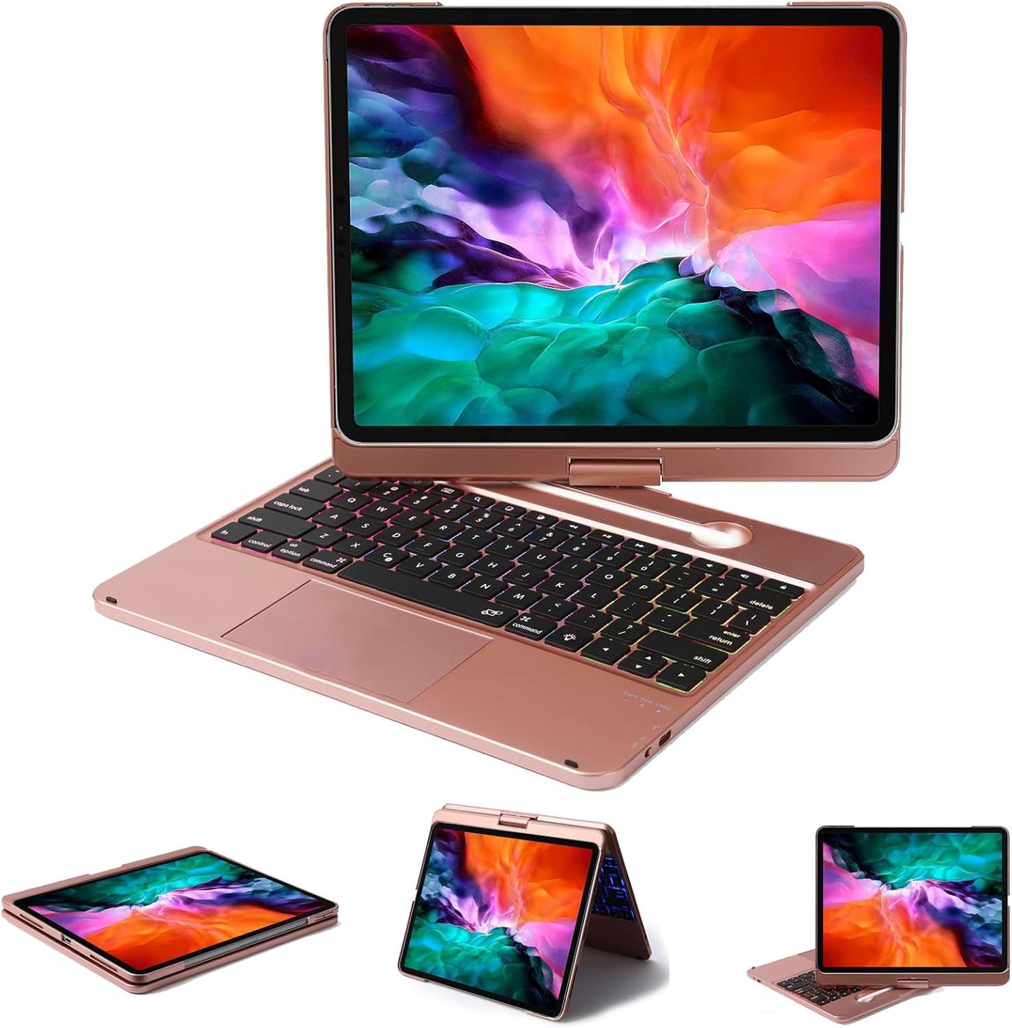 Keyboard Case for iPad Pro 12.9 inch 6th Generation 2022 5th 2021/4th 2020/3rd 2018 Gen,360 Rotatable Wireless Folio 180 Swivel Stand Hard Cover Rose Gold