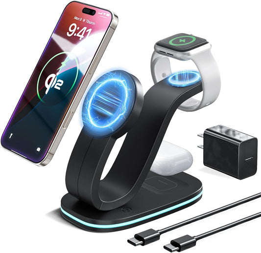 3 in 1 Wireless Charging Station for Qi2 Apple Multiple Devices, 30W USB C Adapter&Light, Fast Mag-Safe Charger Stand Compatible with iPhone 16 15 14 Pro Max, Apple Watch Series 10 9 & Airpods 4 3 Pro