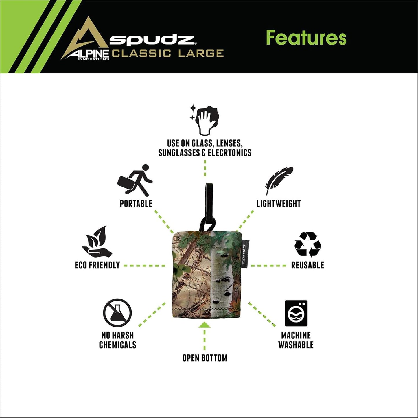 SPUDZ Classic Microfiber Lens Cleaner – Clip-On Pouch, Washable – for Binoculars, Scopes, Glasses, Screens | Alpine Mountain Camo, 10 x 10 Inch