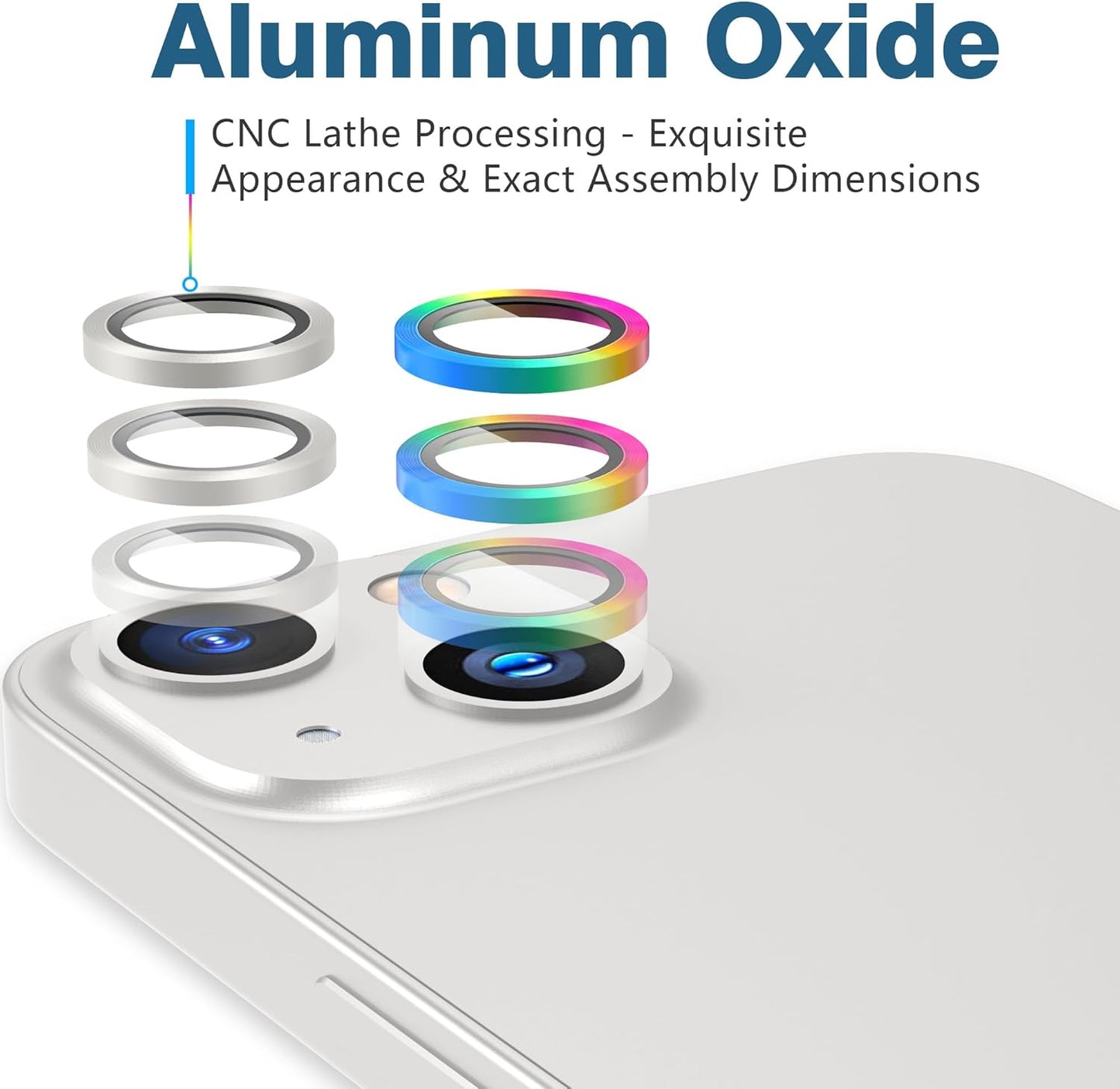 AGVEE 3+3 6 Pack for iPhone 14 6.1" / 14 Plus 6.7" Camera Lens Cover Protector, Metal Ring 9H Tempered HD Glass Camera Cover Protector Film, Silver