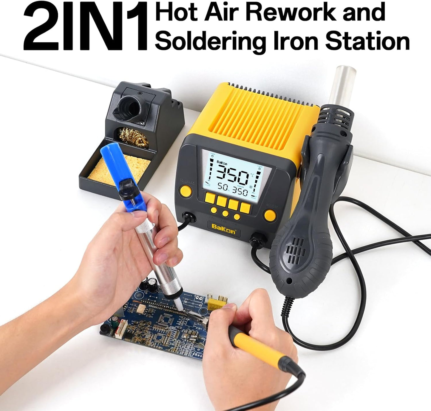 BK882 Soldering Station 2-IN-1 Hot Air Rework Station with Large LCD Display,650W Hign Power Solder Stations, °F /°C Cool/Hot Air Conversion, Digital Temperature Calibration, Auto Sleep