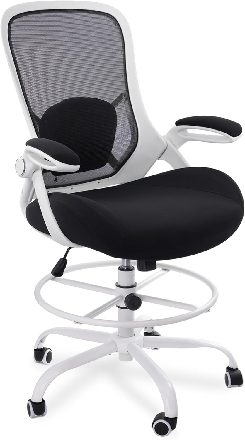 HYLONE 400lbs Heavy Duty Drafting Chair 5" Thickened Seat Office Chair with Flip-Up Armrests Tall Ergonomic Computer Chair with Lumbar Support and Adjustable Footrest Ring Standing Desk Chair (Black)