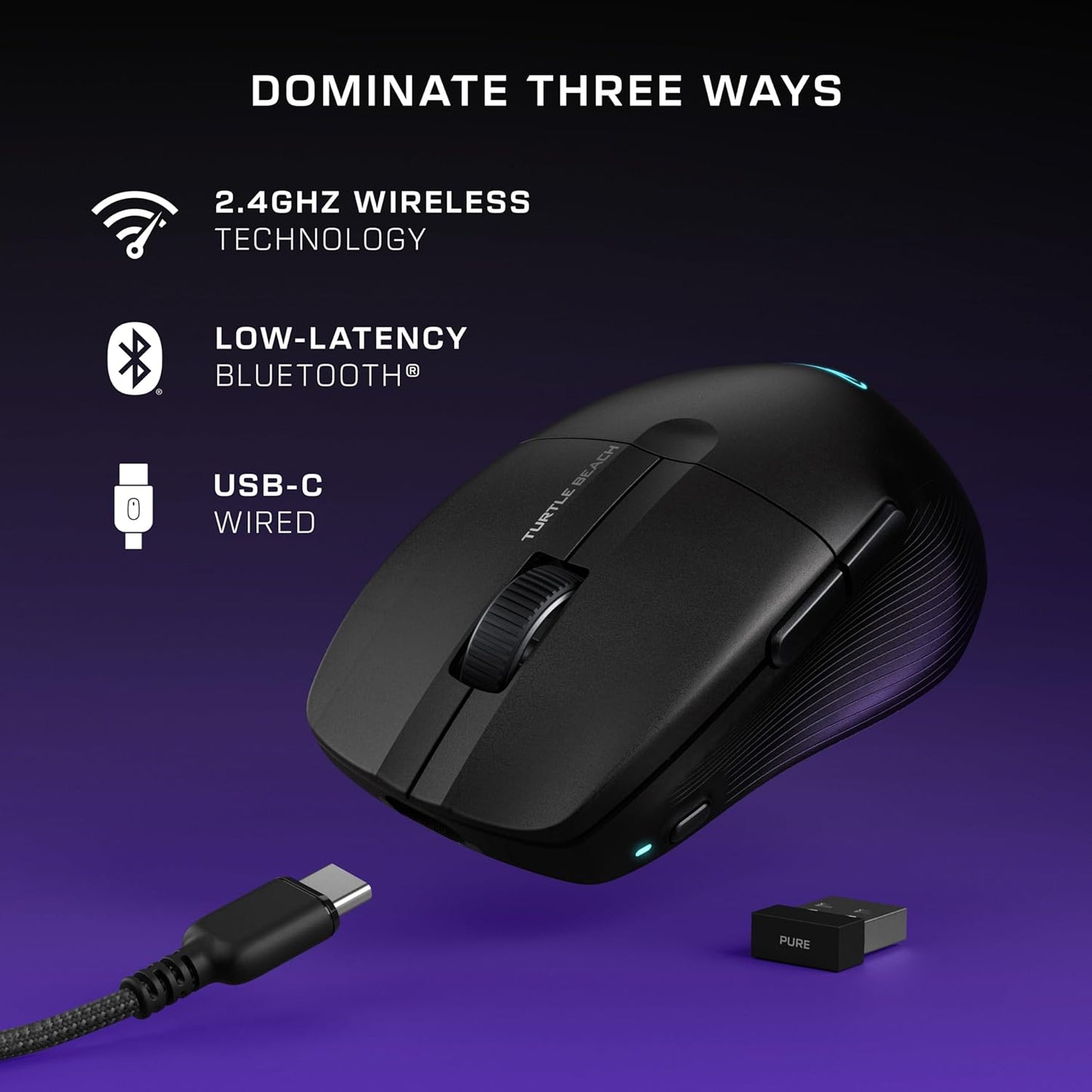 Turtle Beach Pure Air - Ultra-Light Wireless Ergonomic RGB Gaming Mouse, 26K DPI Optical Sensor, 125 Hour Battery, Dual Wireless System, Titan Optical Switches, Bluetooth, RGB Illumination - Black