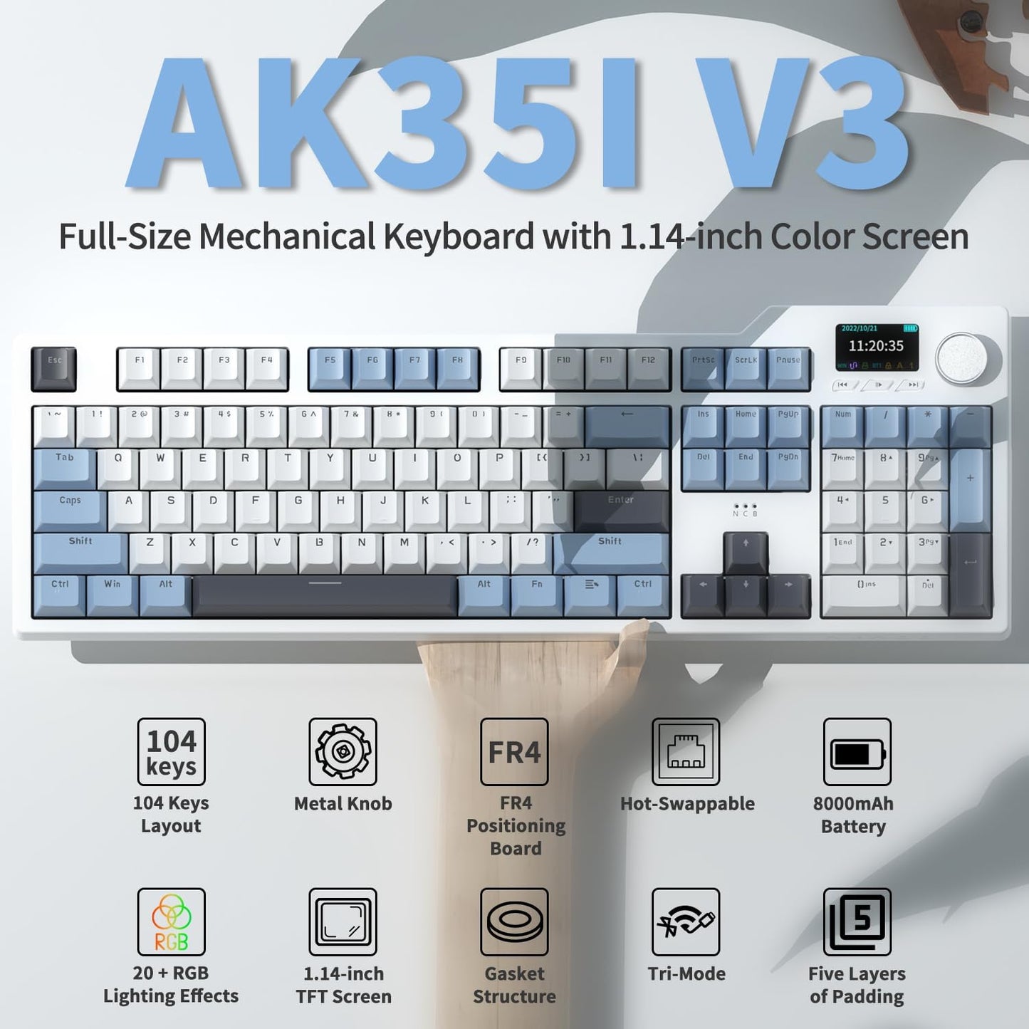 DAIDAI×AJAZZ AK35I V3 Full Size Hot Swap Mechanical Gaming Keyboard with Screen & Knob 2.4G/BT/USB-C Gasket Keyboard FR4 Plate 8000mAh Battery South Facing LED RGB (Avocado Axis)