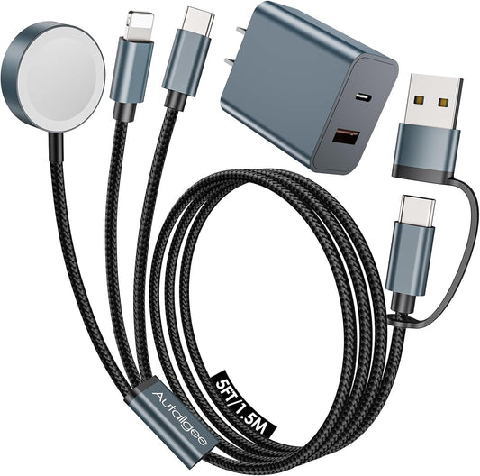 5FT Travel Essentials for Apple Watch Charger 3 in 2 Multi Fast Charging Cable USB C/A PD20W Charger Block Compatible with iWatch Ultra/SE/10/9/8/7/6/5/4/3/2/1,iPhone16/15/14/13/Galaxy S24