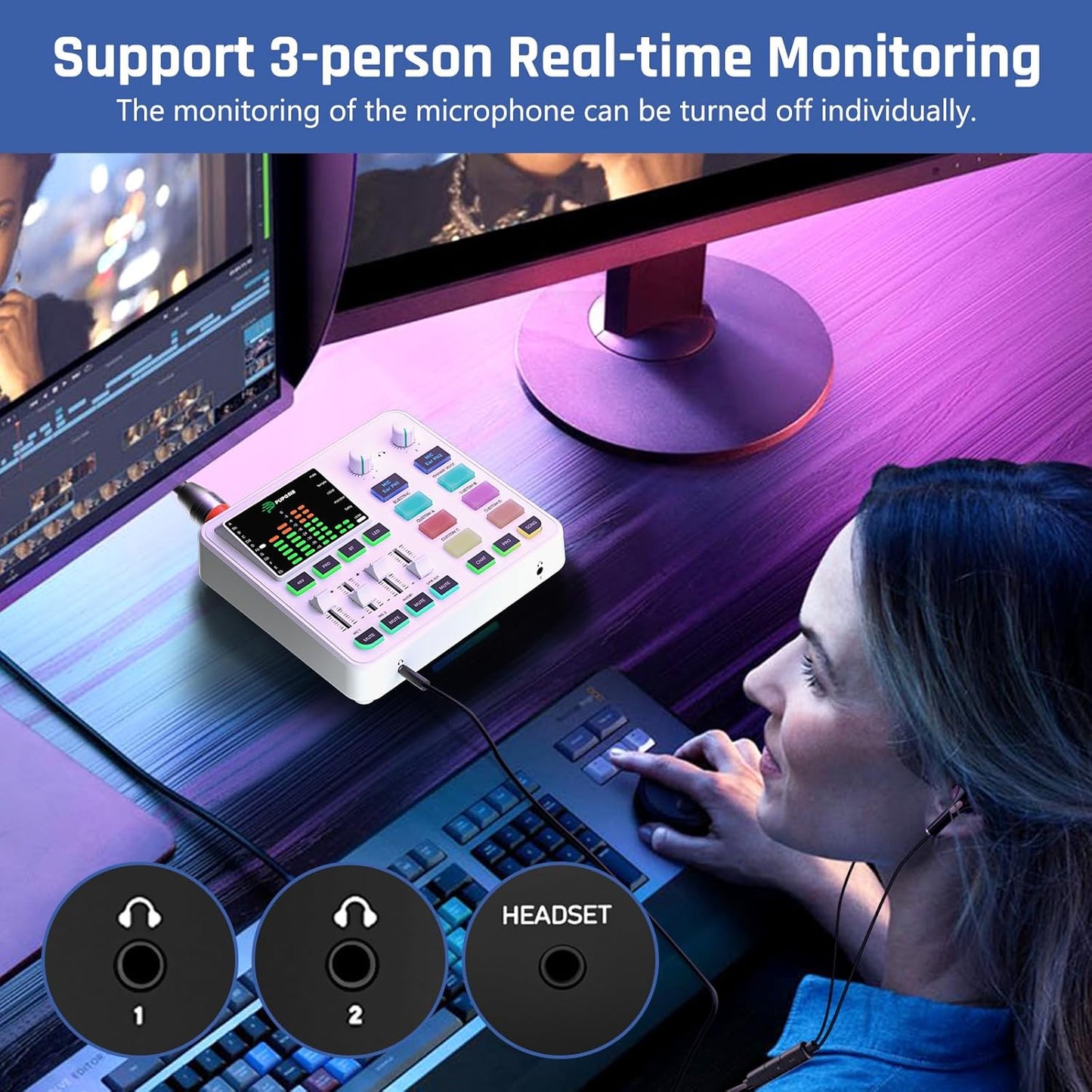 PUPGSIS qwe Gaming Audio Mixer, Audio Interface for PC/Podcast/Streaming, Sound Board with 3.5mm/XLR Mic Input, 48V Phantom Power, Voice Changer, Live Sound Card with DJ Mixer Effects(White)