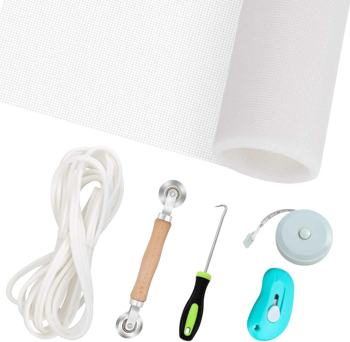 Windows Screen Replacement and Screen Door Repair Kit, 6Pcs Window Screen Fiberglass Mesh Kit - Window Screen & Screen Door Mesh & Screen Porch Repair Kit (White, 48" x 118")