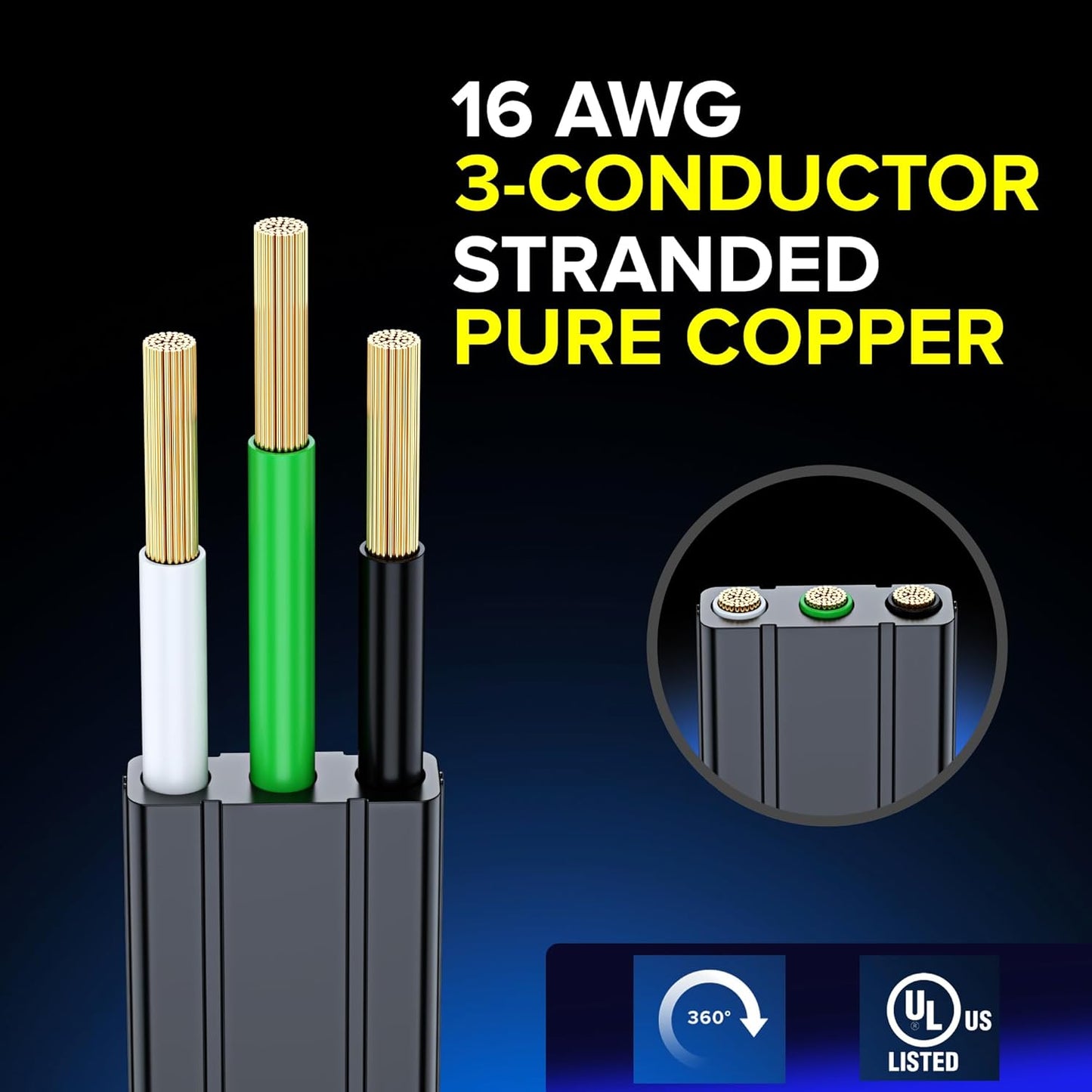 Maximm Cable 1 Ft 360° Rotating Flat Plug Extension Cord/Wire, 16 AWG Multi 3 Outlet Extension Wire, 3 Prong Grounded Wire - Black - UL Certified