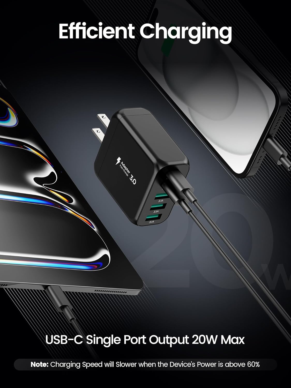 USB C Charger Block, Type C Charger Fast Charging,Total 50W 5-Port USB Wall Charger Multiport Type C Charging Block Cube for iPhone 16 15 14 13 12 11 Pro Max XS, iPad, Samsung & More-Black