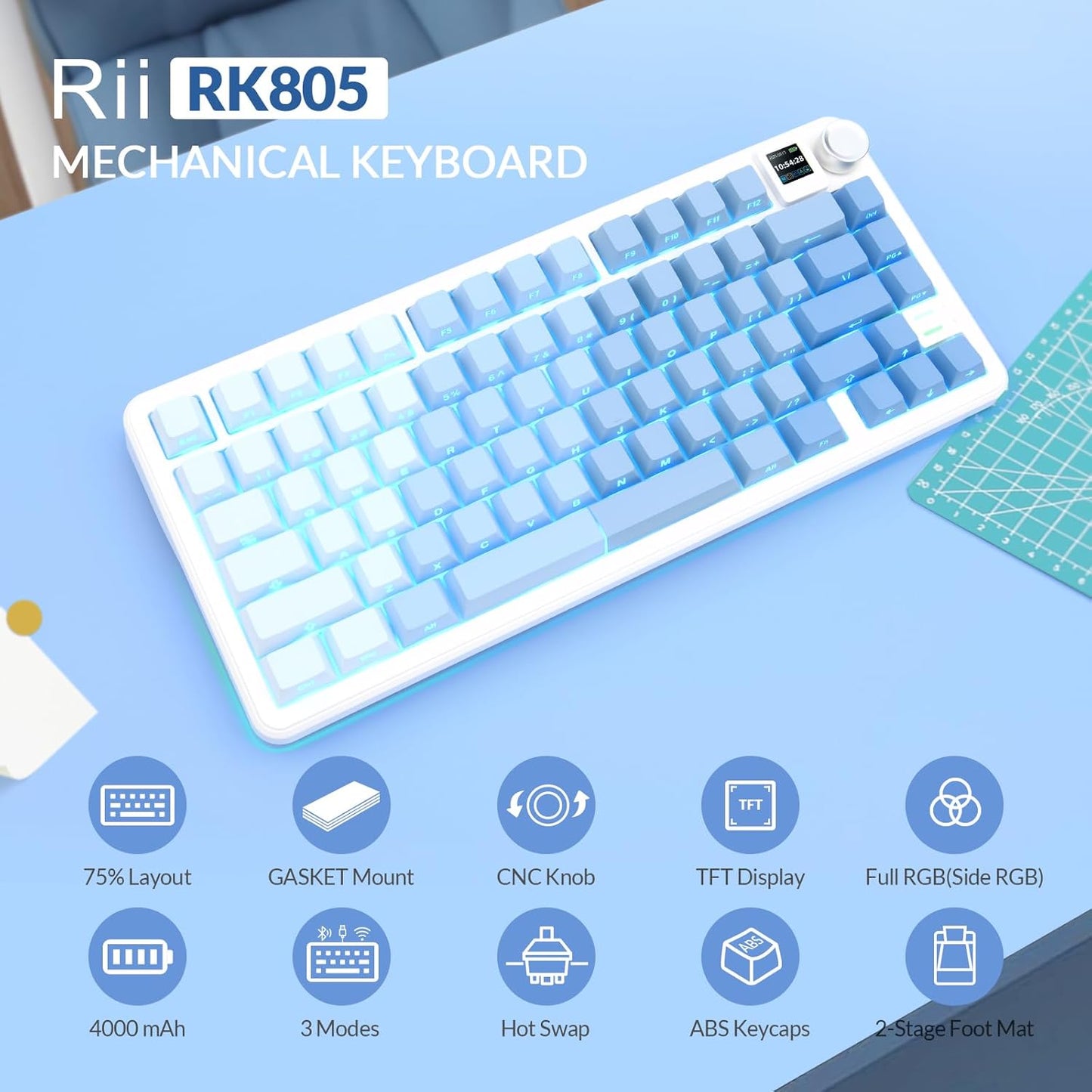 Rii RK805 Wireless Creamy Mechanical Keyboard with TFT Screen and Knob,75% Gasket-Mounted Gaming Keyboard with RGB Backlight,Tri-Mode BT/2.4G/USB-C,Hot Swappable,for Windows/Mac/Linux(Blue Gradient)