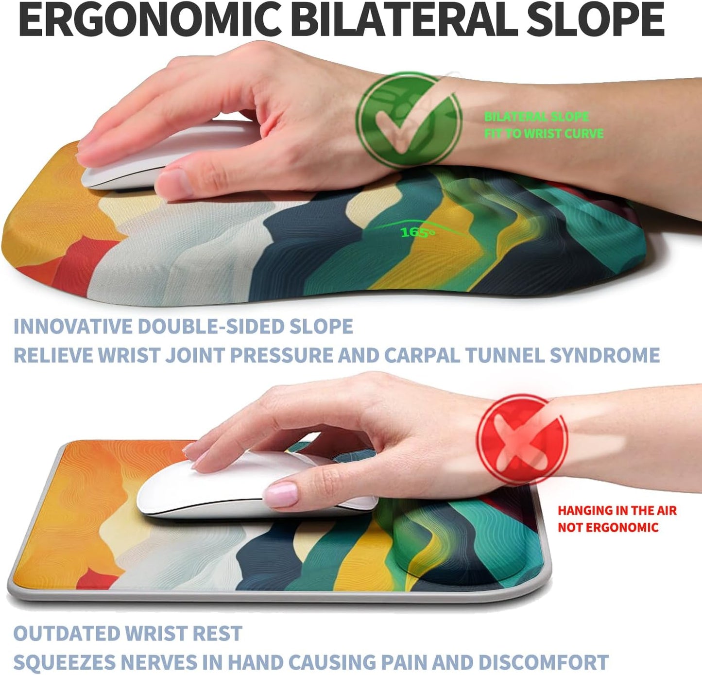 Ergonomic Raised Mouse Pad Wrist Support with Bilateral Slope Memory Foam Mousepad for Wrist Rest and Carpal Tunnel Pain Relief 11.8x7.9〃Colorful Lines