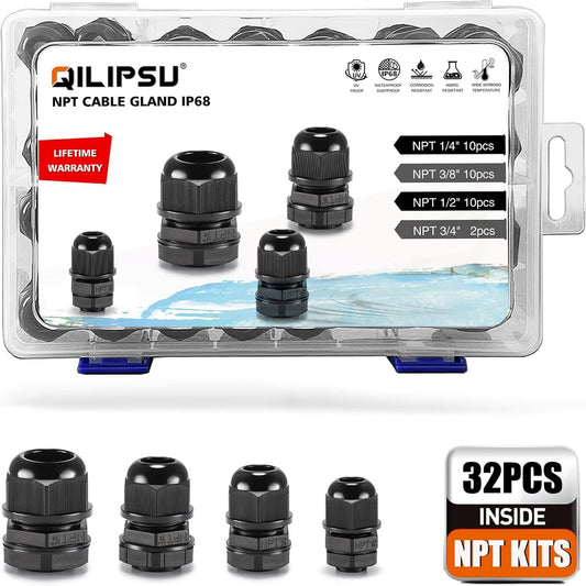 QILIPSU 32pcs NPT Cable Gland Kits 1/4" 3/8" 1/2" 3/4" Waterproof IP68 Nylon Cable Pass Through Cord Grip Connector Strain Relief Wire Grommet