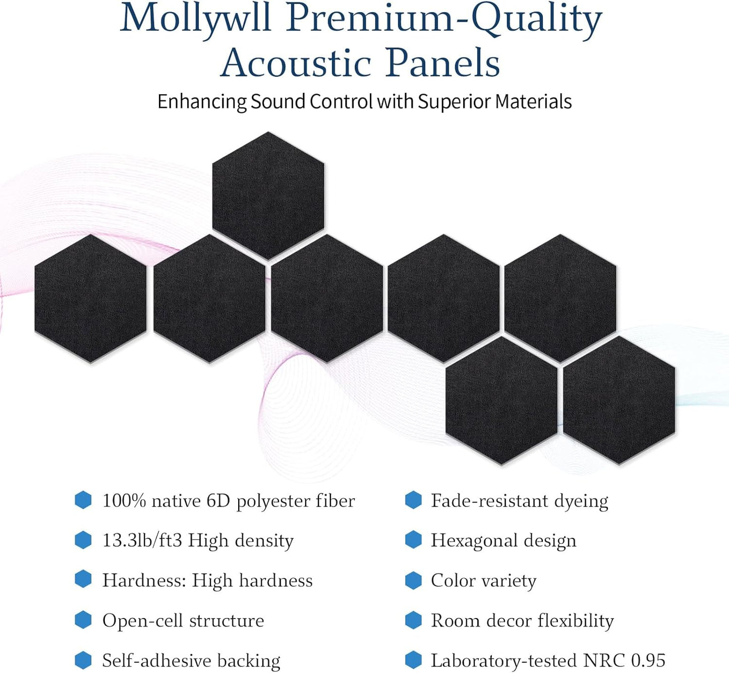 Mollywell Hexagon Acoustic Panels, High Density, Soundproofing, Decorative Noise Reduction Felt Wall Tiles for Ceilings, Home Office & Gaming Room (Black), 12x10x0.4 Inch