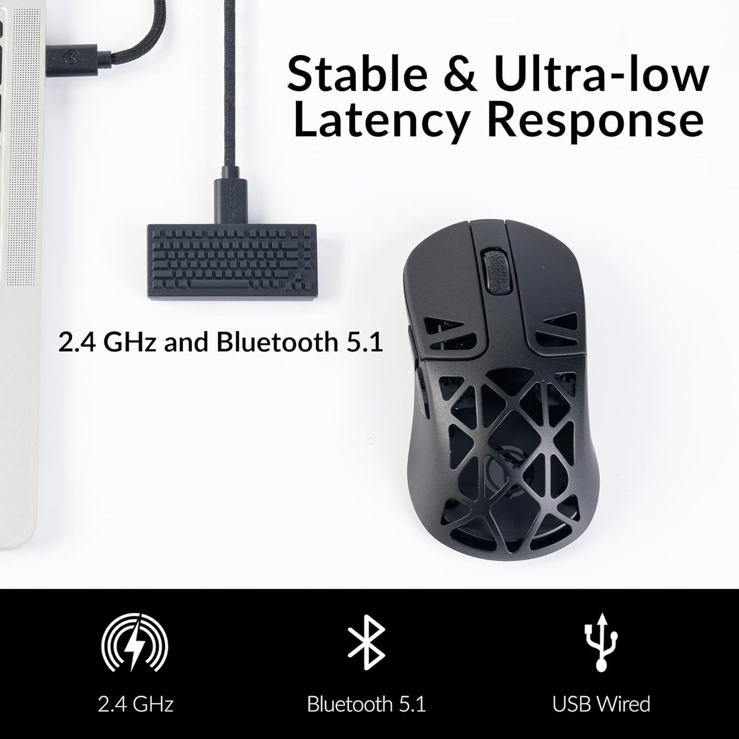 M3 Mini 4K Wireless Mouse Signature Edition 5.1/2.4 GHz/Wired Optical Mouse, Ultra-Lightweight 55g Programmable PixArt 3395 Sensor with up to 26,000 DPI/ 650 IPS for Windows Mac Linux - Black