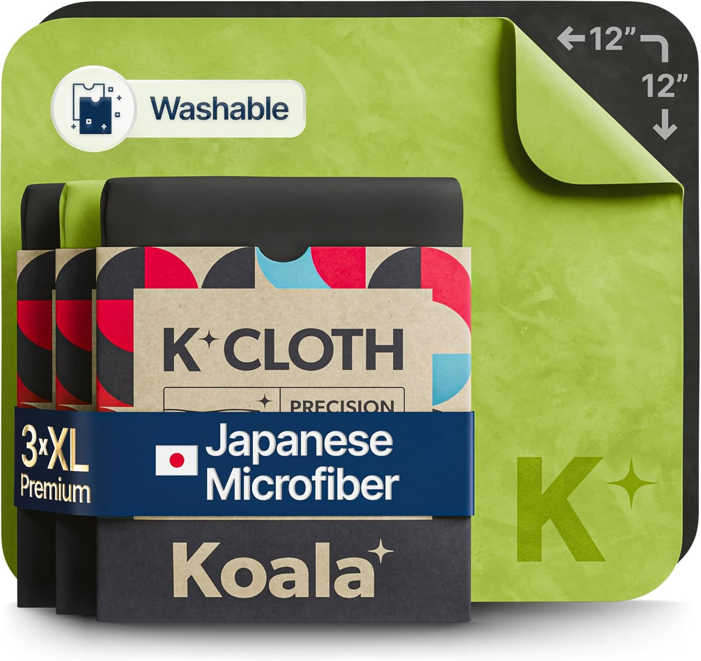 Koala Lens Cleaning Cloth | Japanese Microfiber | Glasses Cleaning Cloths | Eyeglass Lens Cleaner | Eyeglasses, Camera, VR/AR Headset, and Screen Cleaner | Black & Green (Pack of 3)
