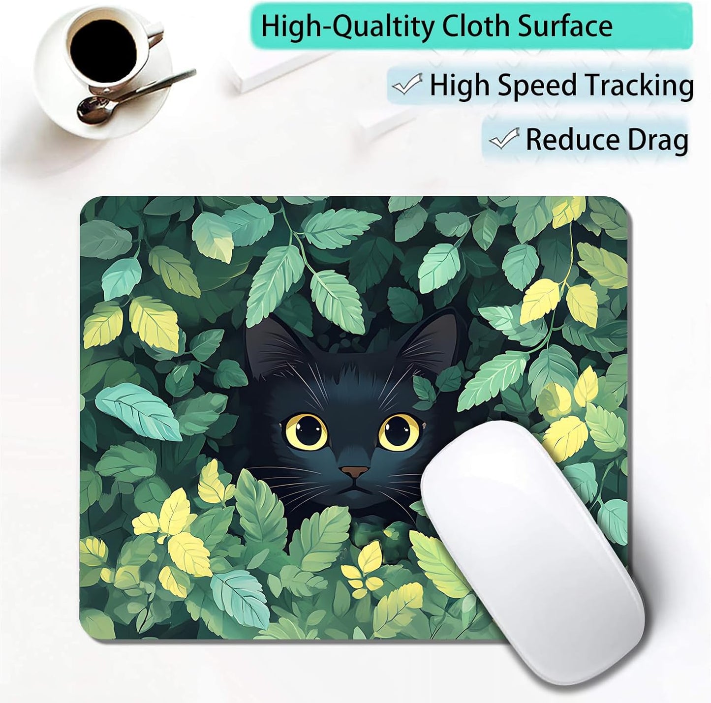 Green Flowers Black Cat Custom Mouse Pad with Non-Slip Rubber, Small Square Design for Wireless Laptop & Computer Mouse Pads for Desk, 9.5 x 7.9 inch Smooth Surface for Gaming & Office