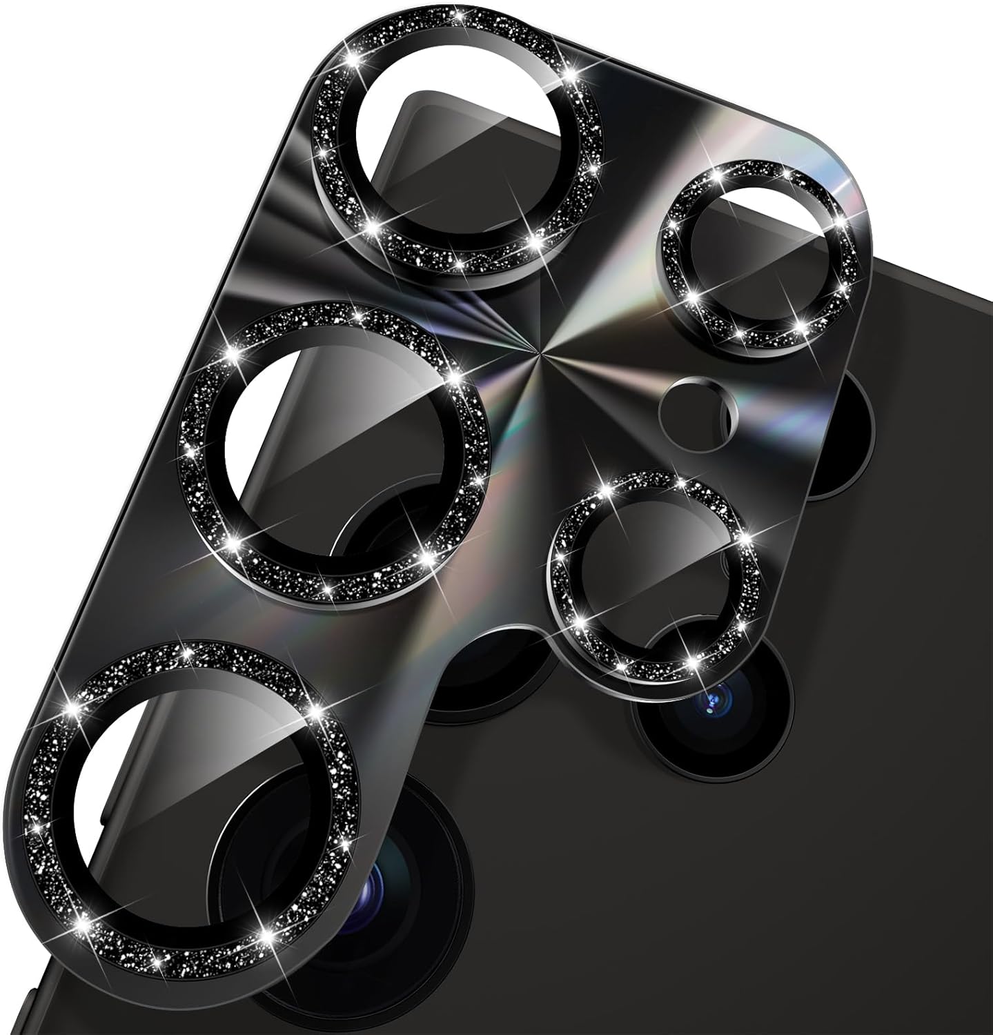 YWXTW Camera Lens Protector for Samsung Galaxy S24 Ultra, [Lithography Laser Gradient] [5X Strengthen] Bling Glitter Tempered Glass Screen Protector Metal Ring Camera Lens Cover (Titanium Black)