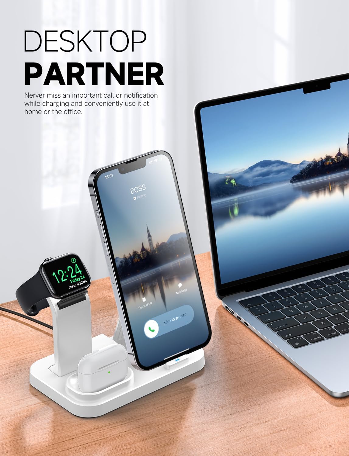 Wireless Charging Station 3 in 1 RJR Compatible with Apple Devices, Charging Dock for iWatch, Built-in Wireless Charger Stand for iPhone Series AirPods Gifts (with 18W Adapter) White