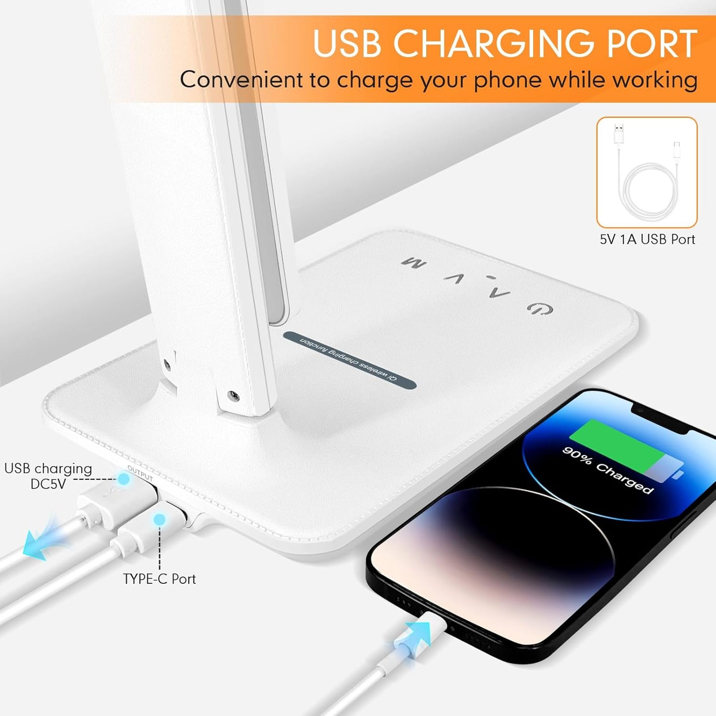 LED Desk Lamp Dimmable Table Lamp with USB Charging Port, 5 Lighting Modes, Sensitive Control, Foldable Portable Desk Light for Home Office Bedroom Reading (White-Pro, Standard Size - 13.3 inch)
