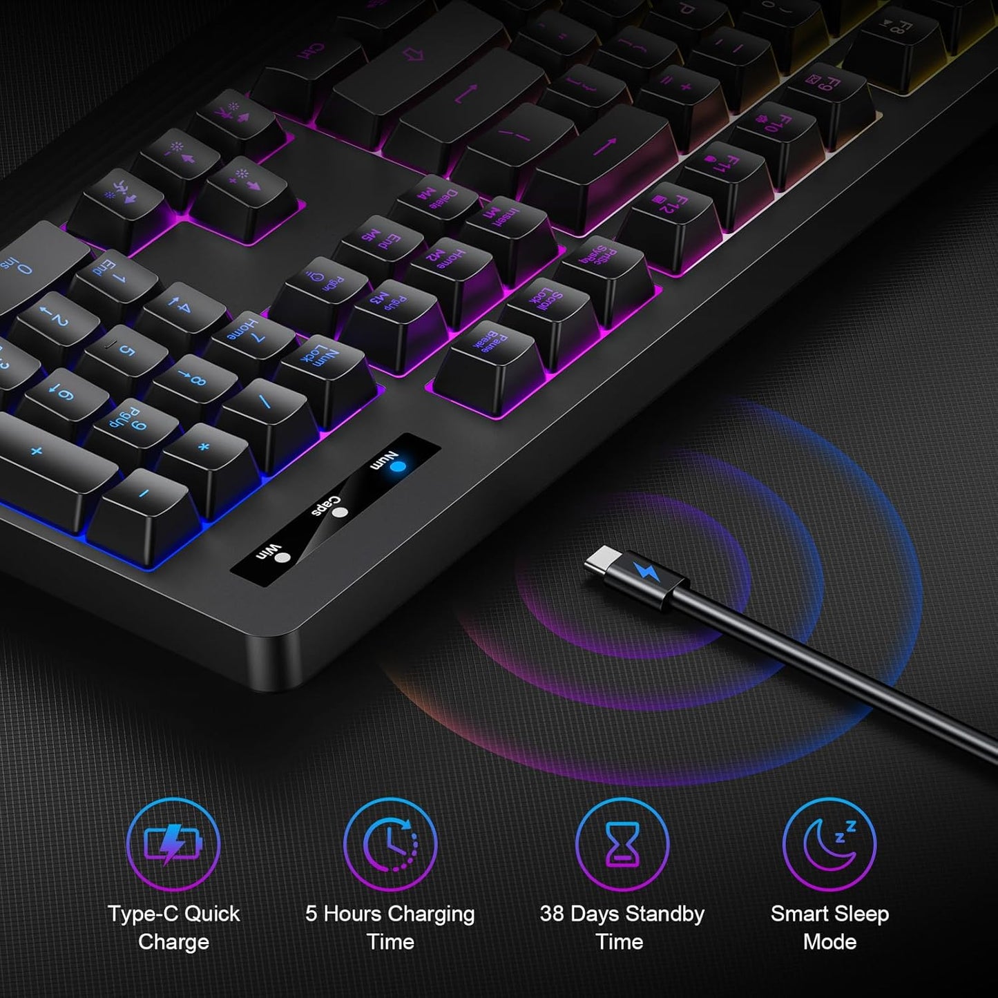 Wireless Gaming Keyboard, RGB & Single-Color Backlit, Full-Size Waterproof Computer Keyboard, Silent Keys, Wrist Rest, Sleep Mode, Rechargeable 2.4G Wireless Keyboardfor Windows, Mac, PC, Laptop