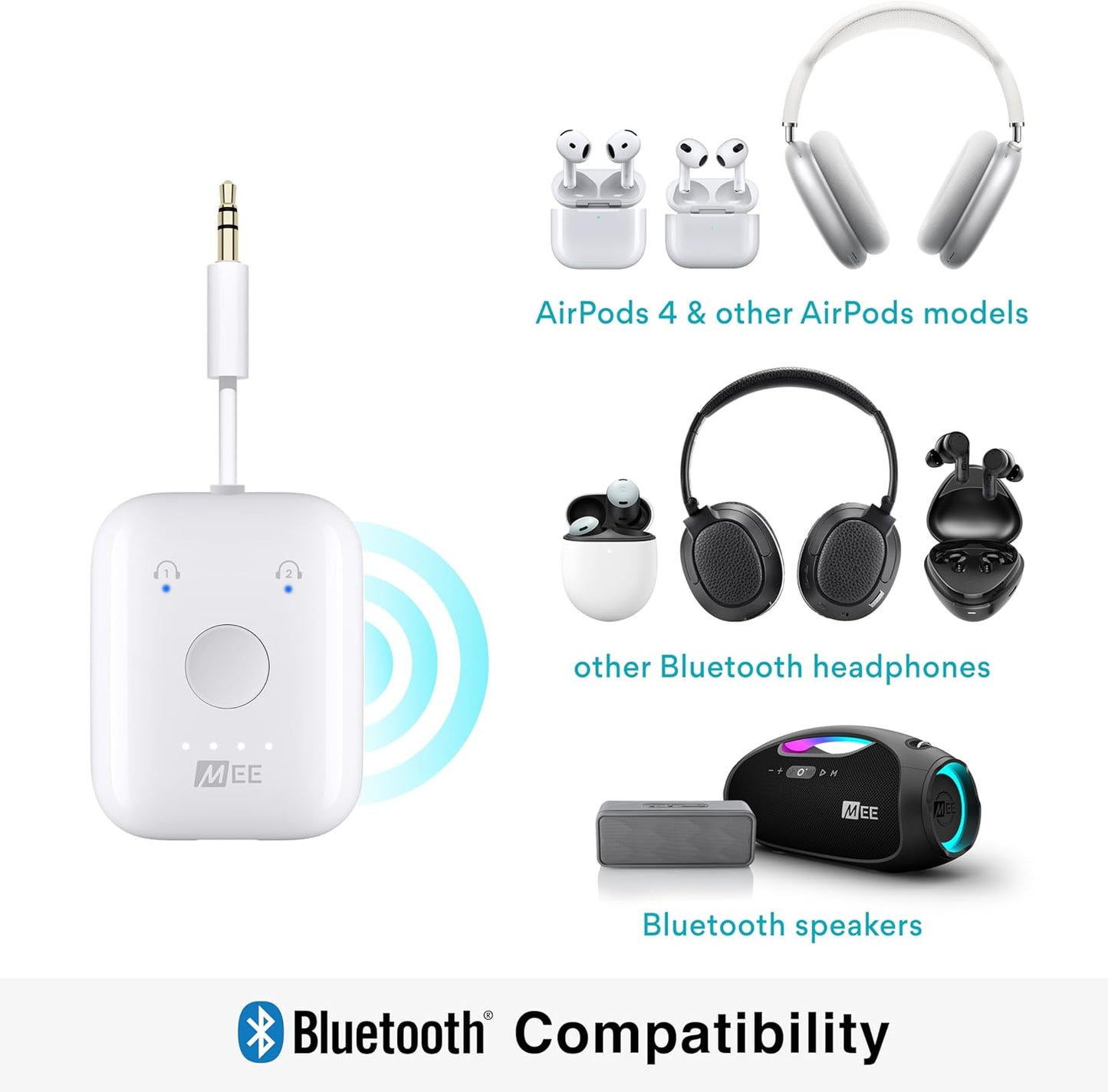 MEE audio Connect Air (2 PACK) in-Flight Bluetooth Wireless Audio Transmitter Adapter for up to 2 AirPods/Other Headphones; Works with All 3.5mm Aux Jacks on Airplanes, Gym, TVs, & Gaming, Black&White