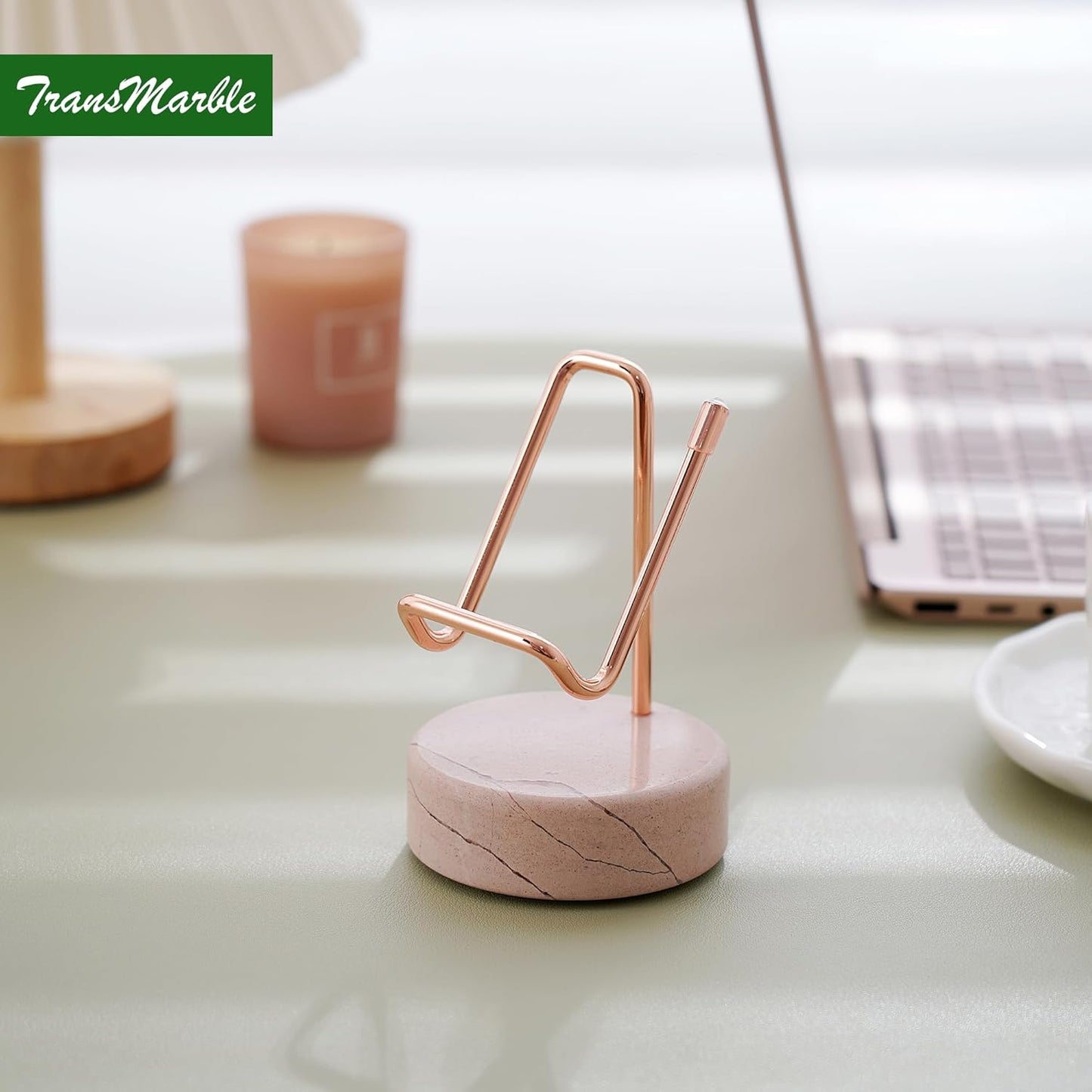 Marble Phone Stand with Metal Holder, Charging Available While Using, Swipe Up to Unlock, Made of Natural Marble as Business Card Holder for Office Desk (Rose Pink + Rose Gold)