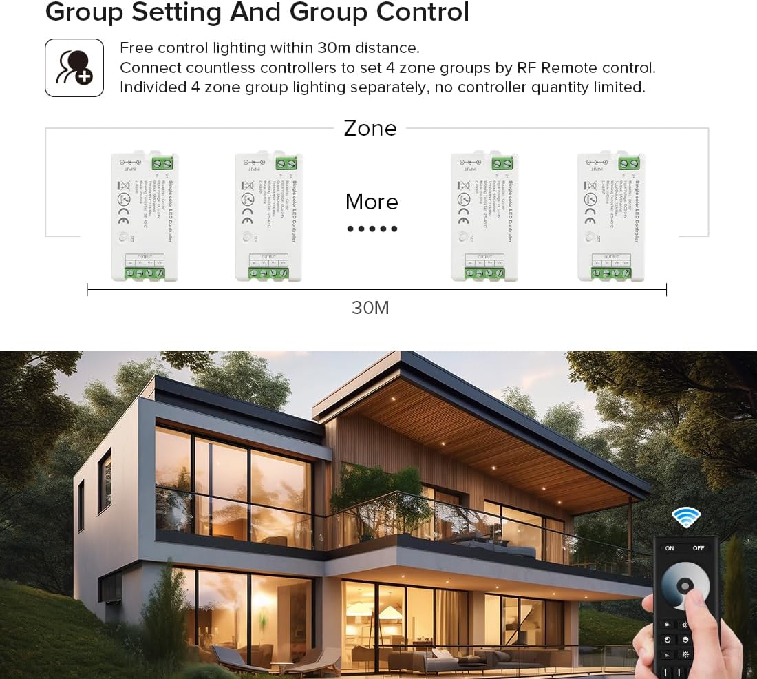 BTF-LIGHTING 5050SMD FCOB COB Dimming RF 2.4GHz Wireless Remote RC01RFB & C01RF Tuya Controller Kit 4 Zones Group Control PWM Single Color (+V -V) 2pin LED Strip Neon Rope Light DC5V DC12V DC24V