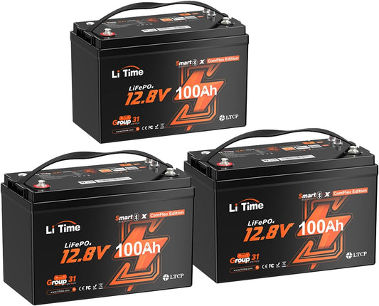 LiTime 12V 100Ah LiFePO4 Group 31 Battery, Compatible with Victron, Built-in 100A BMS & Bluetooth, Low-Temperature Protection, CAN/RS485 Communication, Ideal for Trolling Motors, Marine, RV (3Pack)