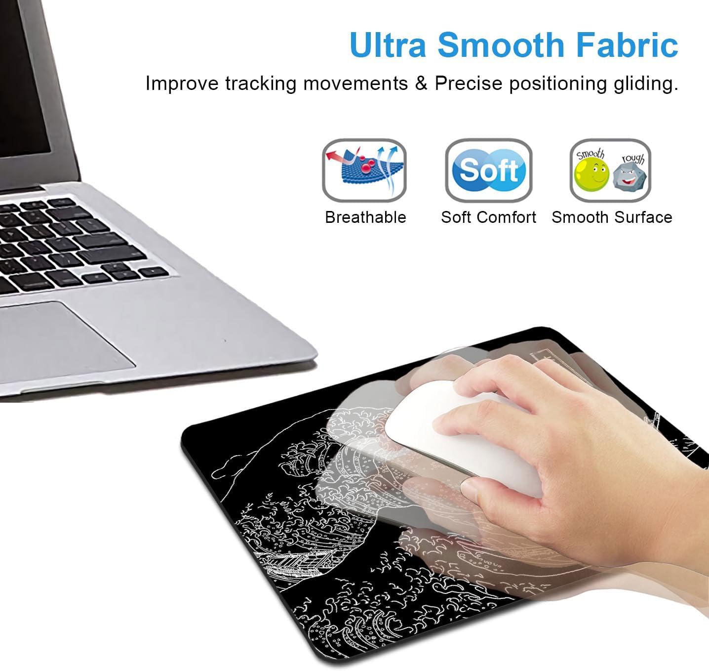 IMAYONDIA Japanese Great Wave Mouse Pad, Black Anime Gaming Mouse Pad, Kanagawa Mousepad, Non-Slip Rubber Base Computer Mice Pad for School Home Office, 9.5 x 7.9 Inch