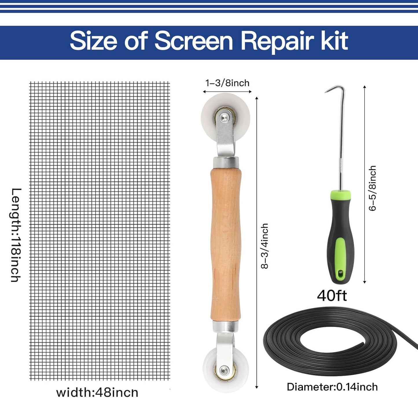 Screen Door Mesh Replacement Kit with All Tools Include Window Screens Mesh 48"x117", Screen Roller, Screen Spline, Spline Hook, Yolovit
