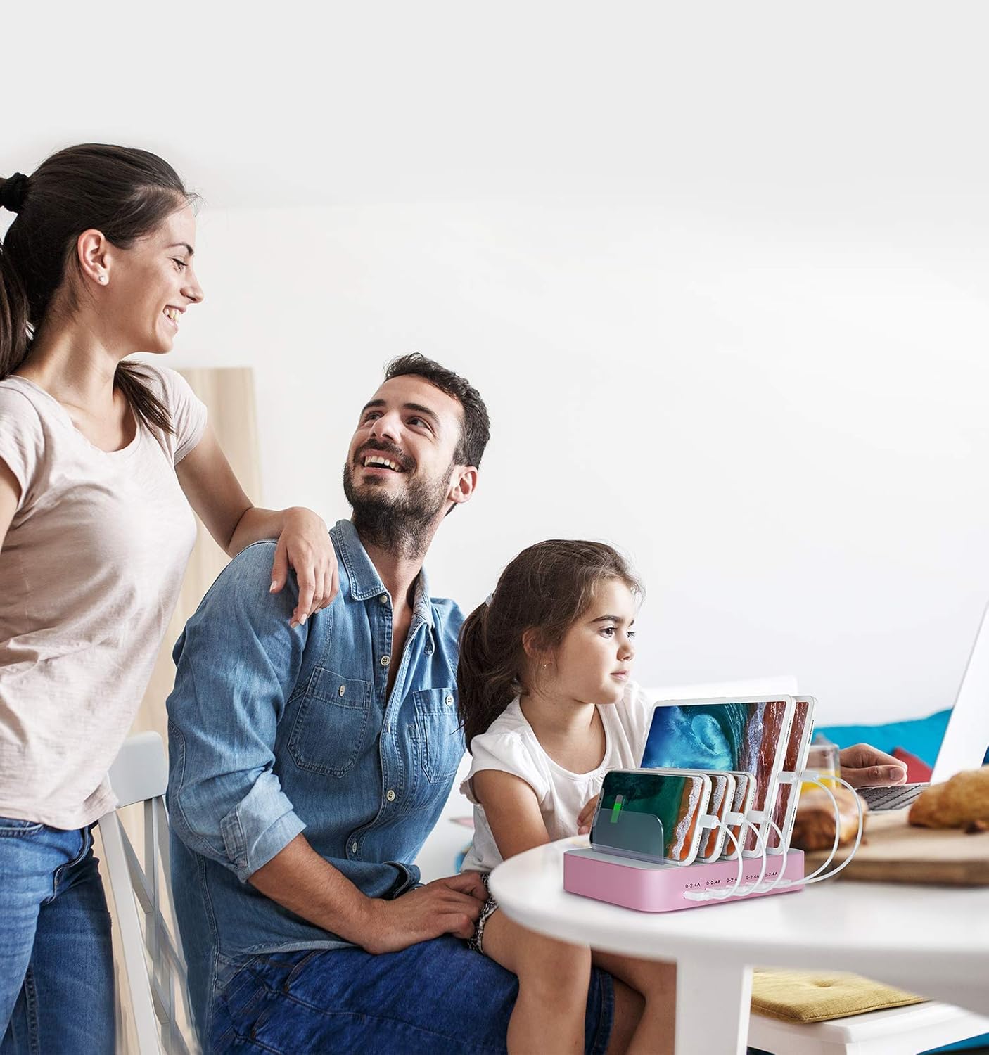 MSTJRY Charging Station for Multiple Devices : 5 Port Multi USB-A Charger Stations Multi-Device Organizer Charging Dock Designed for iPhone iPad Cell Phone Tablets (7 Short Cables Included), Pink