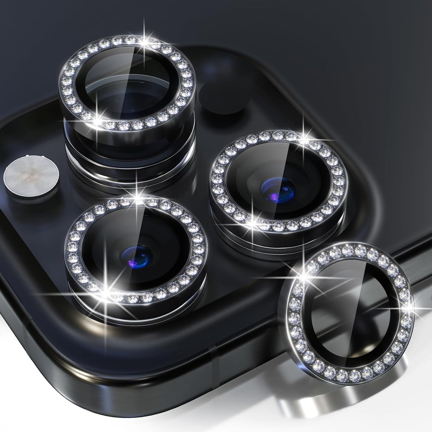 Choiche Compatible for iPhone 15 Pro/iPhone 15 Pro Max Camera Lens Protector Bling, 9H Tempered Glass Camera Cover Screen Protector Metal Ring Decoration Accessories (Diamond-Black)