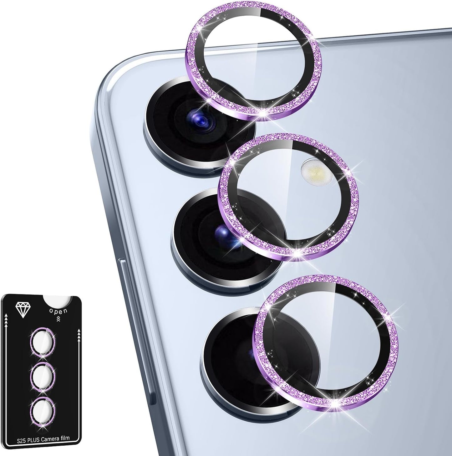 for Samsung Galaxy S25 Plus Camera Lens Protector, Individual Metal Ring Tempered Glass Lens Cover, [Strong Adsorption] Scratch Resistant Ultra-Thin HD Clear Lens Cover, 1 Set-Purple Sparkly