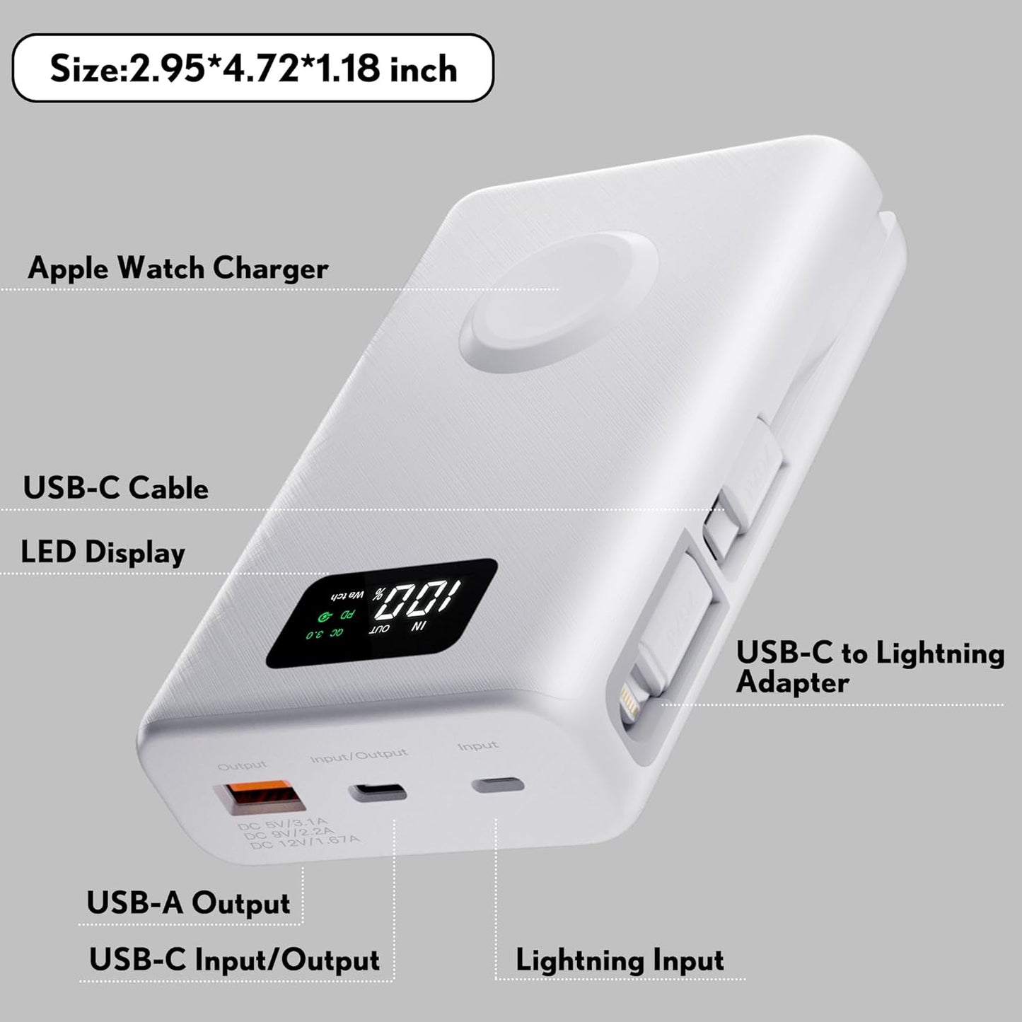 pzoz 20000mAh Portable Power Bank Powerbank Battery Pack with Apple Watch Magnetic Wireless Charger,USB Type C PD Fast Charging Cable Travel High Capacity Compatible iWatch iPhone 16 15 Phone (White)