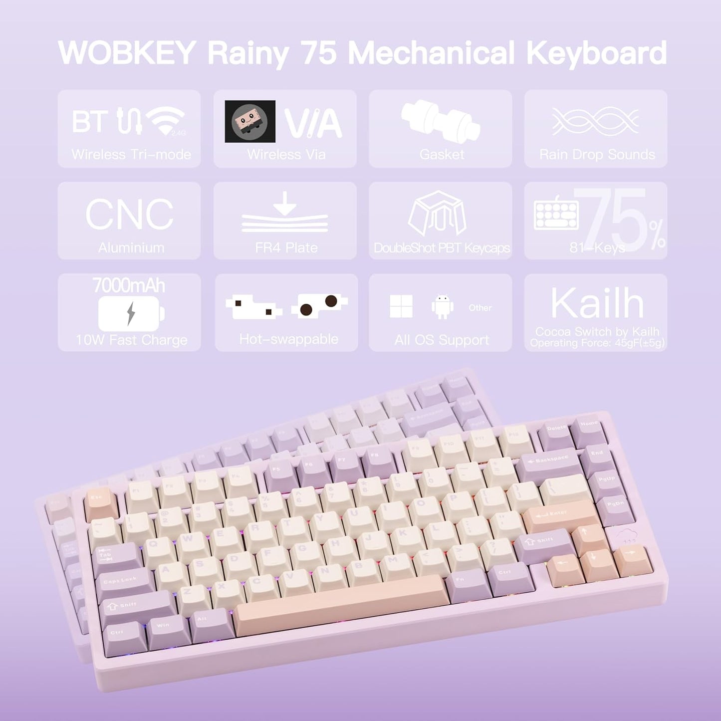 KEEBMONKEY WOBKEY Rainy 75 CNC Aluminum HMX/JWK/Cocoa Switches Triple-Mode Connectivity Mechanical Keyboard with Superior Acoustics, RGB/FR4/Silver SUS304/7000mAh/Cocoa Switch (Pro - Purple)