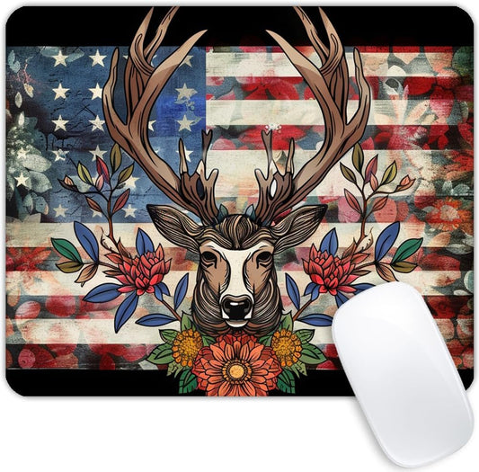 Square Mouse Pad Majestic Deer Wreath and National Flag-3,Gaming Mouse Pads for Desk,Soft Computer Waterproof Non-Slip Mouse Mat