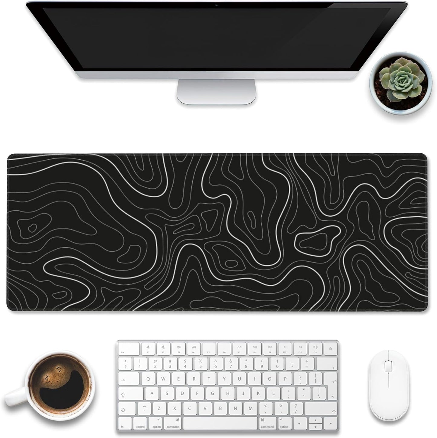 Desk Mat,Black Topographic Contour Map Desk Pad,Topographic Contour Large Gaming Mouse Pad for Desk,Extended Big Computer Keyboard Mouse Pad with Non-Slip Base and Stitched Edge,31.5"x11.8"