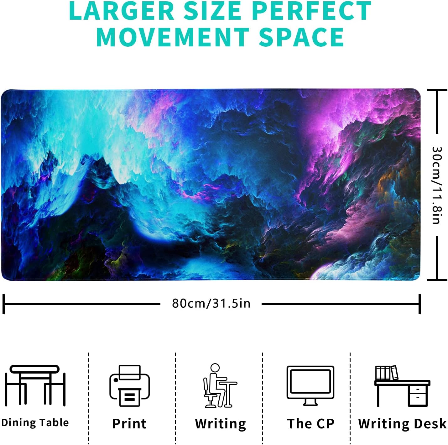 Dazzling Galaxy Gaming Mouse Pad 31.5x11.8 Inch Blue Purple Galaxy Nebula Universe Space Large Mousepad Non-Slip Rubber Base Stitched Edges Keyboard Mouse Mat Desk Pad for Office Home and Game