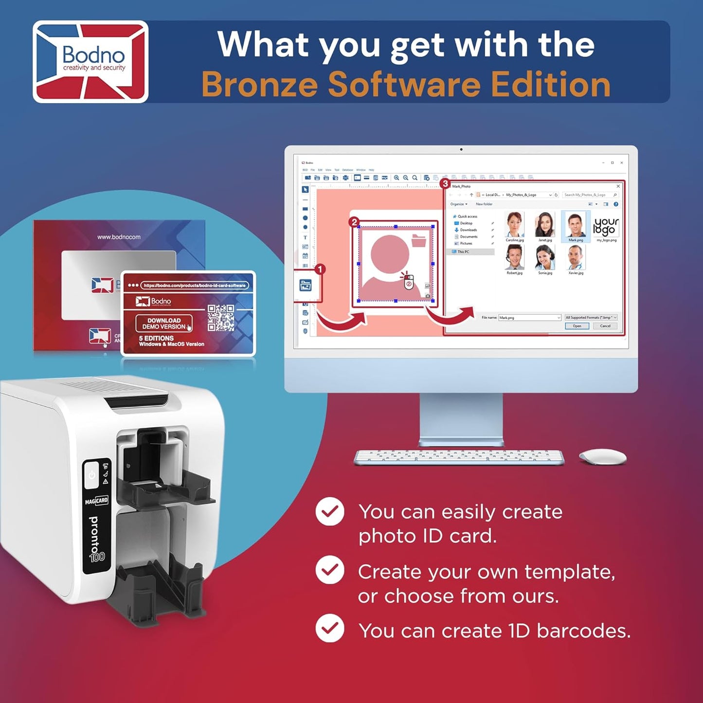 Bodno Magicard Pronto 100 ID Card Printer & Complete Supplies Package ID Software - Bronze Edition