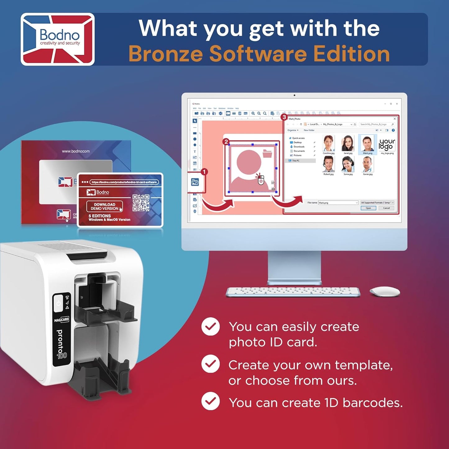 Bodno Magicard Pronto 100 ID Card Printer & Complete Supplies Package ID Software and Camera - Bronze Edition