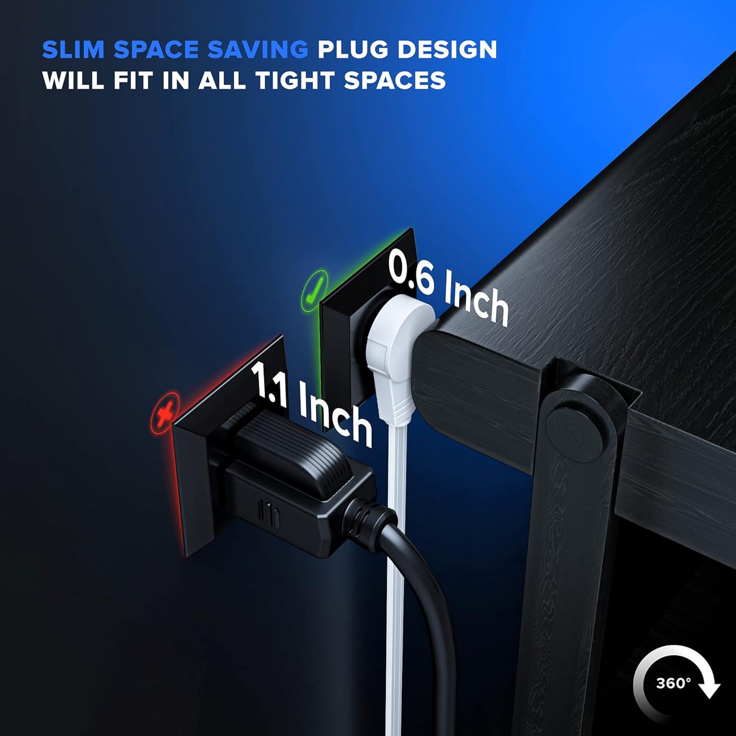 Maximm Cable 25 Ft 360° Rotating Flat Plug Extension Cord/Wire, 16 AWG Multi 3 Outlet Extension Wire, 3 Prong Grounded Wire - White - UL Certified