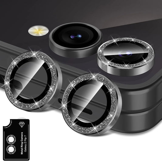 for Samsung Galaxy Z Flip 7 Camera Lens Protector, Individual Metal Ring Tempered Glass Lens Cover, [Strong Adsorption] Scratch Resistant Ultra-Thin HD Clear Lens Cover, 1 Set-Black Sparkly
