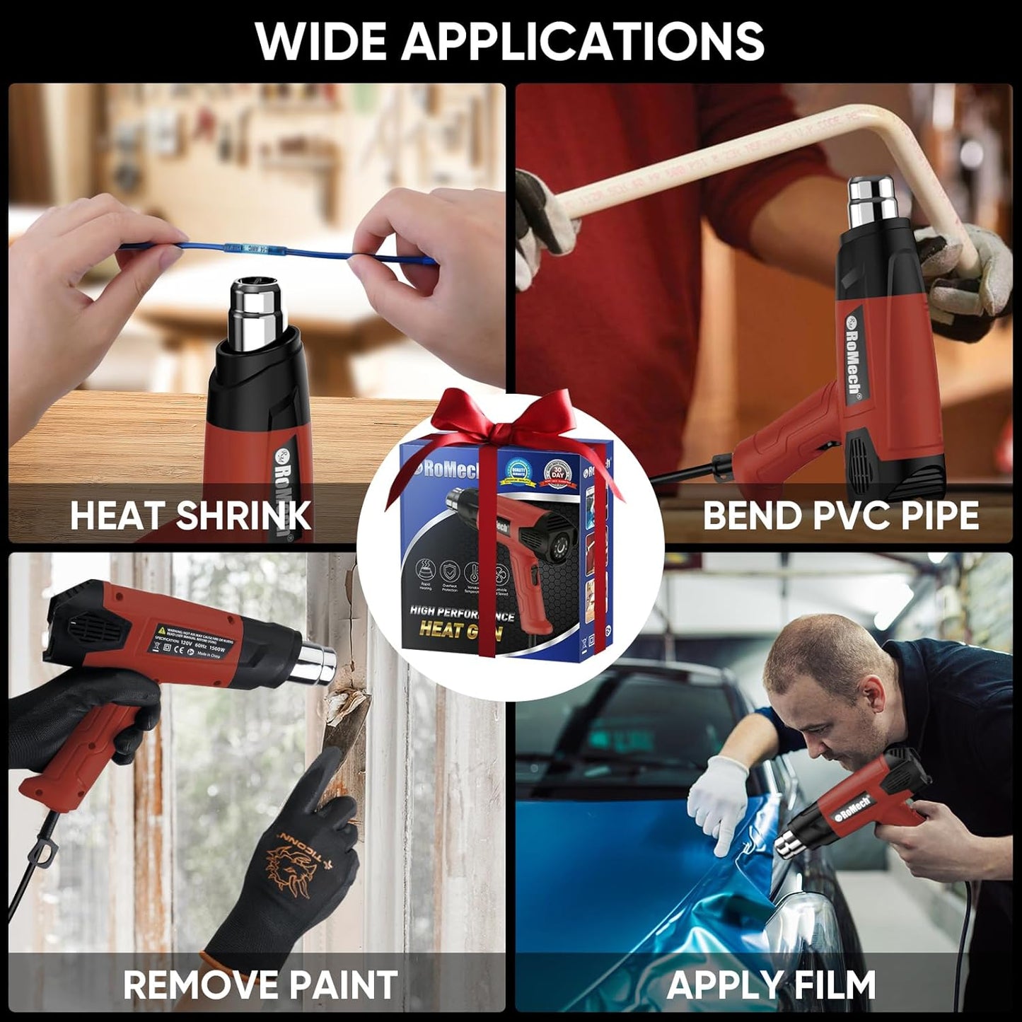 ROMECH 1500W Heavy Duty Heat Gun, Variable Temperature Control Hot Air Gun Kit with 2 Air Flow 120°F~1200°F and 4 Nozzles for Crafts Shrink Wrap (Red)