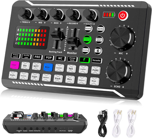 Facmogu F998 Live Sound Card Audio Mixer, Podcast Audio Interface with DJ Mixer Effects, Voice Changer with Sound Effects for PS4 PS5 Karaoke Tiktok YouTube Live Streaming Record Gaming