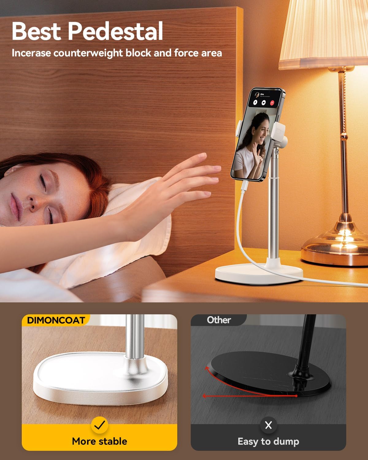 DIMONCOAT Adjustable Aluminum Alloy Cell Phone Stand - White, Universal Compatibility with 4-7 inch Devices, 180° Flip & 360° Rotation