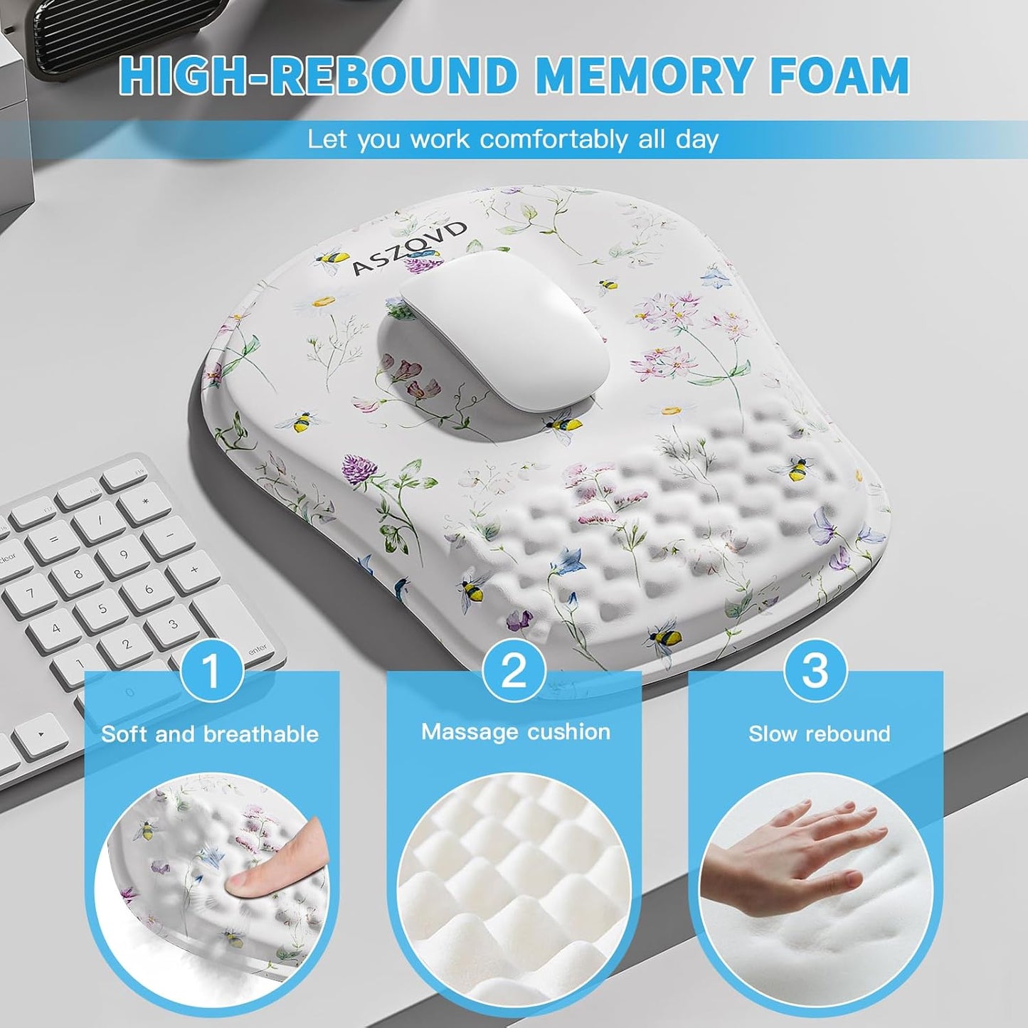 Mouse Pad with Wrist Rest, Ergonomic Mousepads with Wrist Support, Soft Lycra Fabric Memory Foam Office Desk Accessories for Comfort/Pain Relief/PC Gaming/Computer/Laptop (White Wild Plant)